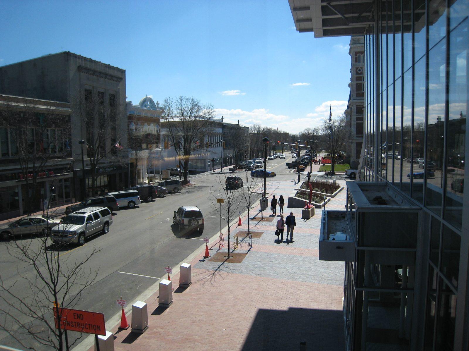 Washington Street in downtown Columbus, Indiana, seen from The Commons